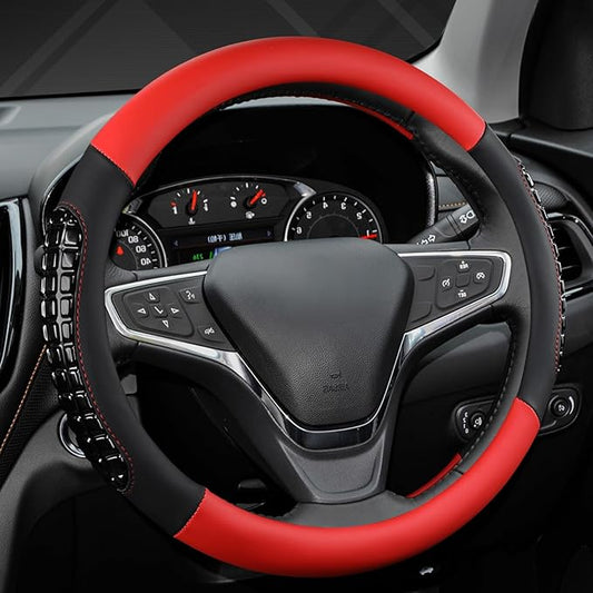 West Llama Nappa Leather Car Steering Wheel Cover Gel Massage,Cool in Summer,Universal 15 inch(Red+Black-Standard Size)