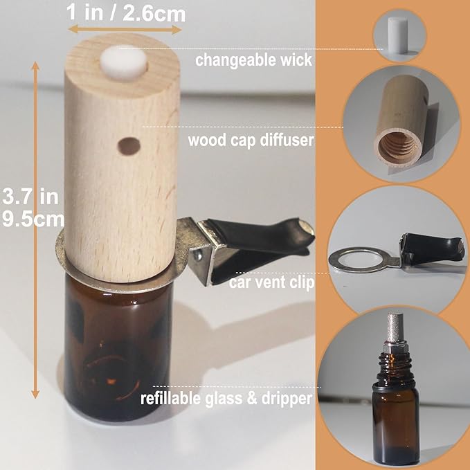 2-set Refillable Lemon Car Scent 60 Days’ Odor Fighting Non-toxic Strong Natural Fragrance, Vent Clip Wood Diffuser & Pure Essential Oils Auto Air Freshener (2x Beech Diffuser + 2x20ml Oil)