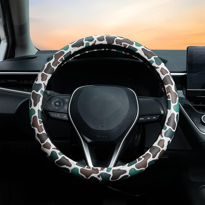 Army Dark Camo Steering Wheel Cover Auto Leather Steering Wheel Protector, Anti-Slip, Breathable, Absorbing Sweat, Universal Camo Car Accessories 14.5–15 inch,Fit for Most Car, Trucks, SUV