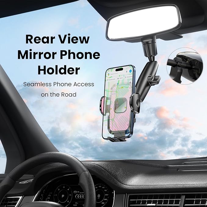 Rear View Mirror Phone Holder, 360° Rotating Car Phone Holder Mount Compatible with All 4-7 Inch iPhone and Android Cell Phones (Pink)