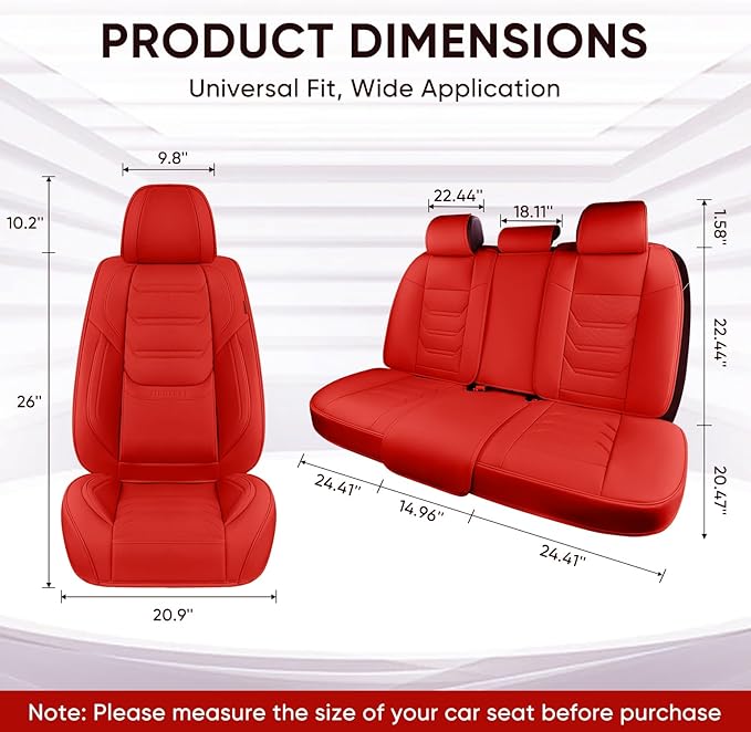 Leather Car Seat Covers Full Set with Lumbar Support, Waterproof Car Seat Cover, Universal Seat Covers for Cars, Trucks, SUVs, Sedans, Airbag Compatible, Front Pair and Rear, Red