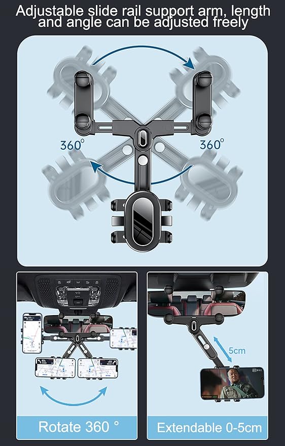 360°Rotatable and Retractable Car Phone Holder, Multifunctional Adjustable Mount, Universal Rearview Mirror Phone Holder for All Mobile Phones (Four clamp)