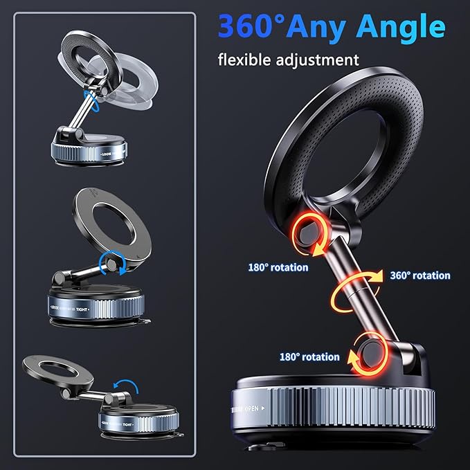 360°Adjustable Vacuum Magnetic Phone Holder for Car [96+LBS Suction & 2800gf Magnetic],Hands-Free Suction Cup Phone Mount for Magsafe,Car Mount for iPhone 17 Pro Max 16 15 14 13 and All Smartphones