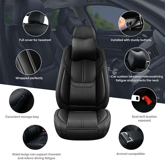 Auto Car Seat Covers Accessories Full Set Leather Cushion Protector Breathable Waterproof Seat Cover for Cars Universal Fit (Black, Front Pair and Rear)