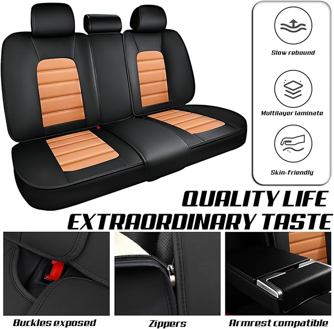 Seat Covers Fit for Toyota Corolla 2001-2025, Skin-Friendly Comfort Leather Seat Protectors, Compatible Airbag Auto Interior Covers (Full Set, Black&Orange)