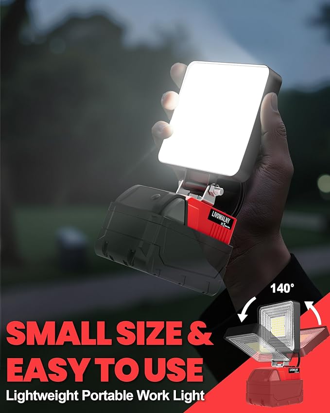 LIVOWALNY 30W LED Work Light Compatible with Milwaukee Battery, Portable 3000LM Flood Flashlight Tools 140° Adjustable Head with USB & Type C Output Port for Camping, Hiking, Construction, Emergency