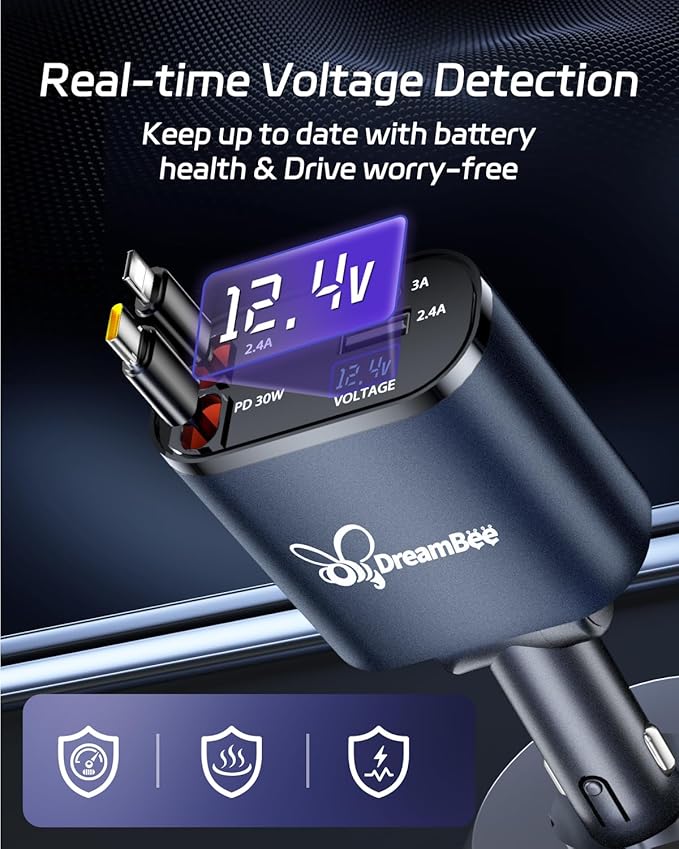 DreamBee Retractable Car Charger,66W 4 in 1 Super Fast Charge Car Phone Charger,Gifts for Men Women Car Truck Accessories for iPhone 17/16/15/14/13/12 Pro Max XR,iPad,Samsung,Pixel-Blue