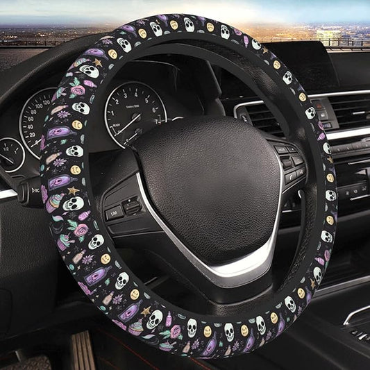 Gothic Skulls Steering Wheel Cover for Women Girls, 15 Inches Anti-Slip Steering Wheel Cover for Auto Truck SUV