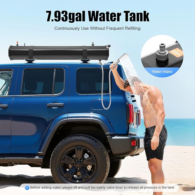 Roof Rack Mount Road Shower, 7.9Gallon Pressurized Water Tank with Water Hose & Shower Head for Camping, Off-Road, Beach Travel