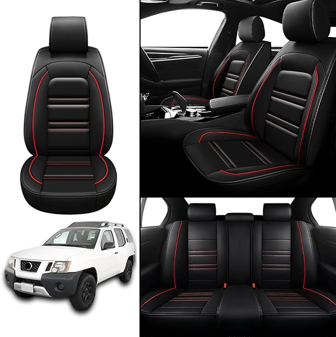 Seat Covers for Nissan Car Xterra 2000-2015 | 5-Seats Leather Seat Covers, Easy to Install Automotive Seat Covers Full Set (Full Set, Black&Red Line)