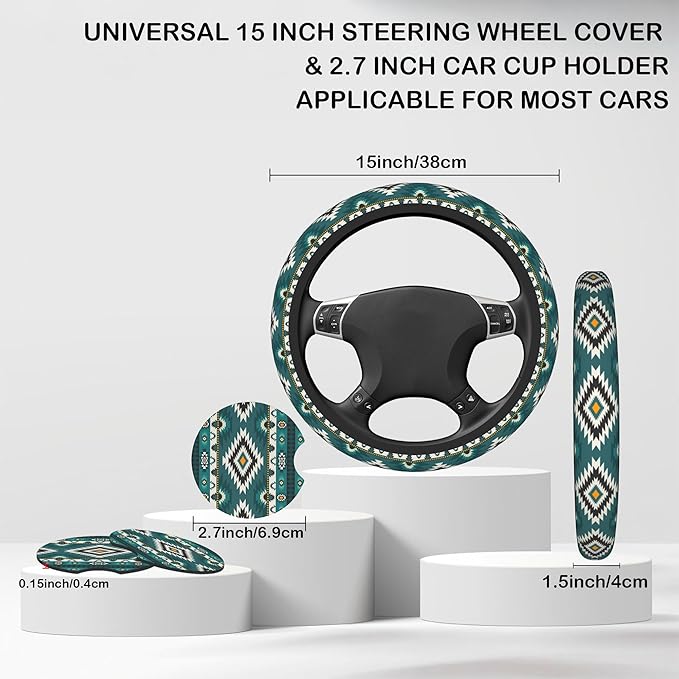 Green Tribal Geometric Steering Wheel Cover for Women, Anti-Slip Car Steering Wheel Cover with 2 Pcs Cup Holders Neoprene Breathable Car Accessories Universal 15 Inch Auto Interior Decor