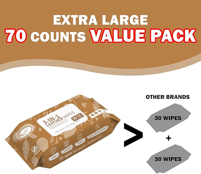 Air Jungles 3in1 Leather Cleaner Wipes 70 Count (Pack of 3), Extra Large 8" x 10" Size, Clean Condition Protect Wipes for Vinyl and Leather Apparel Furniture Auto Car Interior Shoes Boots Bags