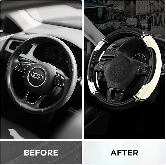 Road Comforts Leather Steering Wheel Cover - Made with PVC Leather - Anti-Slip, Universal Fit 14 1/2 inches to 15 inches - White