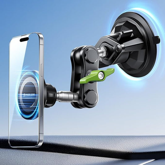 MAGIC JOHN Magnetic Car Phone Holder [Strong Suction&Strong Magnetic] 360° Adjustable Car Phone Mount for Windshield, Ultra-Durable Metal, Suction Cup Car Phone Mount for iPhone Samsung All Smartphone