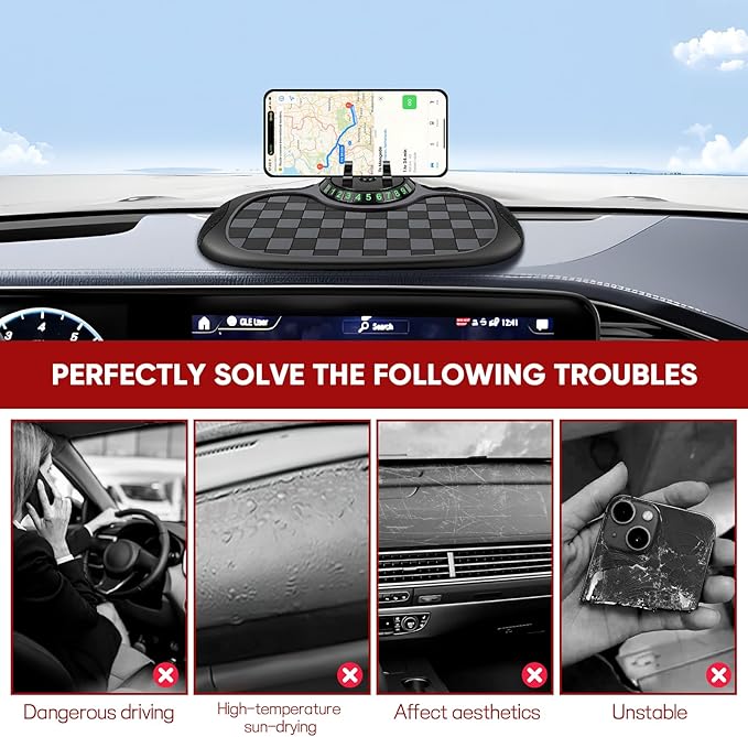 Wuyaoyao Multifunction Car Anti-Slip Mat Auto Phone Holder, PVC Car Dashboard Non-Slip Pad Phone Mount with Temporary Parking Number, Automotive Sticky Dash Pad for Phones, Keys, Gadgets (Black+Gray)