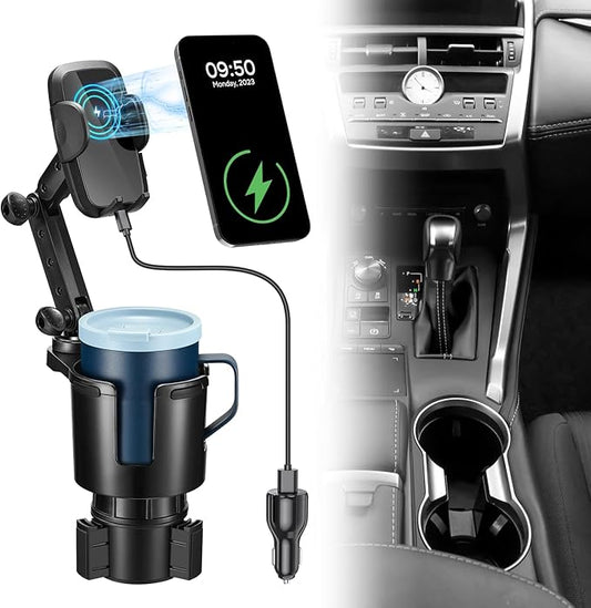 This Hill Cup Holder Phone Charger, 15W Fast Charging Auto Clamping, Phone Holder for Cup Holder Charger with Adjustable Base & 360° Rotation Compatible for All Smartphones(with Car Adapter)