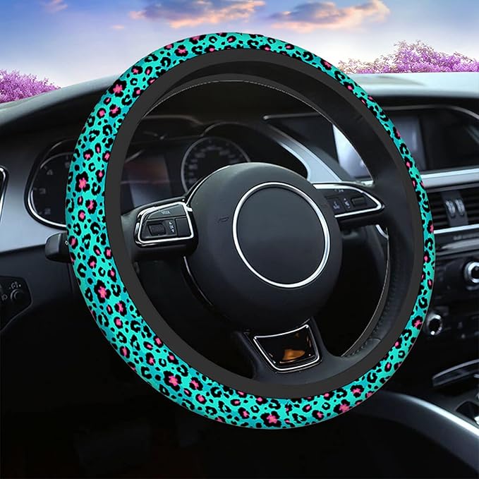 Swono Leopard Skin Steering Wheel Cover Abstract Blue Pink Leopard Spots Fur Anti-Slip Car Wheel Wrap Compatible with Most Auto Cars Trucks with 15 Inch Steering Wheels