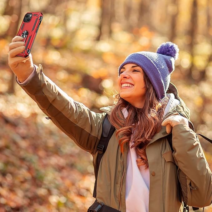 IKAZZ for iPhone 13 Case 6.1 Inch with Screen Protector,Military Grade Shockproof Heavy Duty Protective Phone Cover Pass 16ft Drop Test with Magnetic Kickstand Car Mount Holder,Red