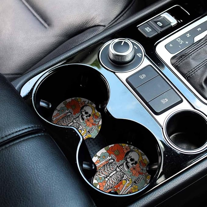 Skeleton Wildflower Car Cup Holder Coaster 2 Pack Absorbent Ceramic Car Coasters for Cup Holders Car Accessories Interior for Women Men Universal Anti Slip Cork Base Cup Coasters with Finger Notch