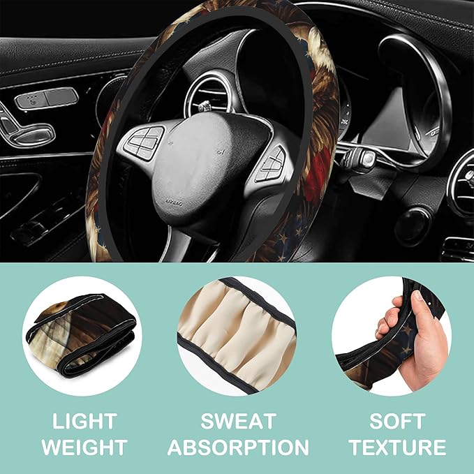 American Flag and Bald Eagle Steering Wheel Cover for Women Men,Anti-Slip Breathable Car Steering Wheel Cover Elastic Protection with 2 Pieces Car Coasters,Universal 15" Fit Auto,Suvs,Truck