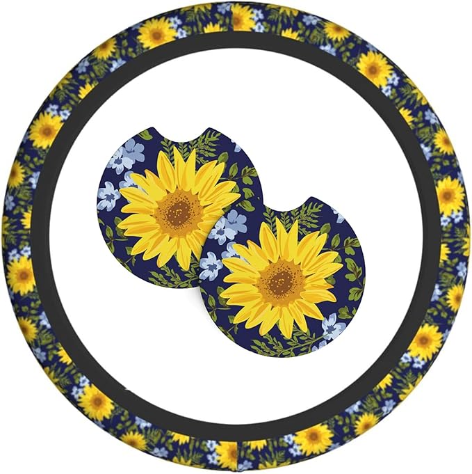 Sunflower Steering Wheel Cover with 2 Car Coasters Non Slip Neoprene for Women Men Universal 15 Inch