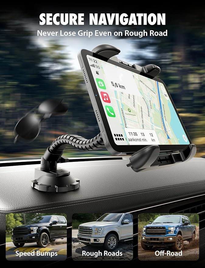 Bracketron TekGrip Tablet Holder for Truck Windshield & Dashboard - 360° Adjustable Tablet Car Mount with Gooseneck - Compatible with iPads, Tablets, GPS up to 13” Black