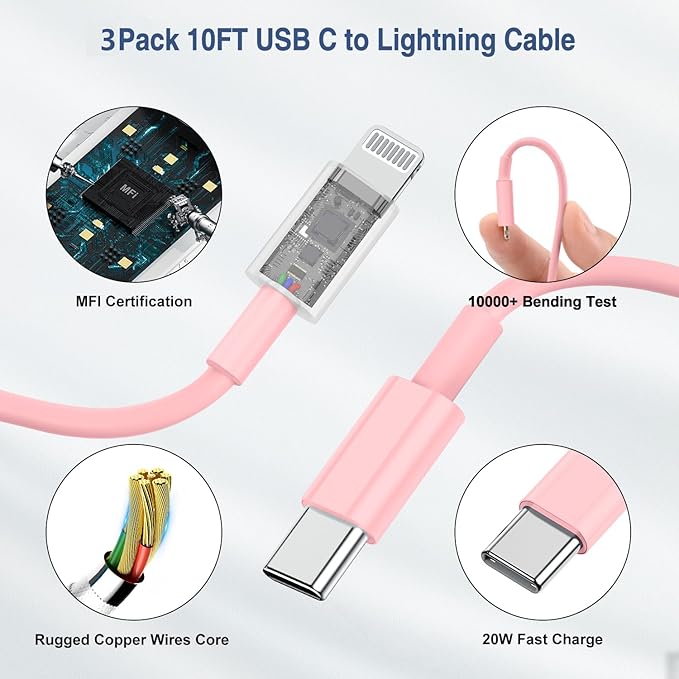 i Phone Charger Fast Charging 10 FT, 3-Pack 20W PD USB C Block with i Phone 14 13 Charger Cable 10 Foot, Compatible with iPhone 14 Pro 13Pro Max 12 11Pro Mini - Pink