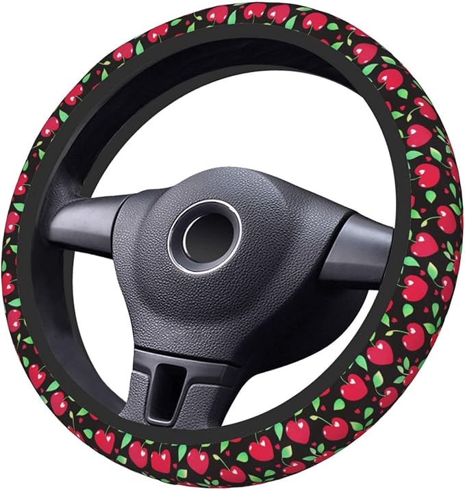 Red Cherry and Hearts Steering Wheel Cover for Women Girls, 15 Inches Anti-Slip Steering Wheel Cover for Auto Truck SUV