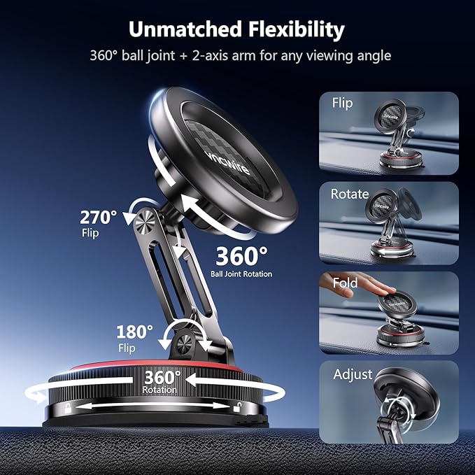 SYNCWIRE for MagSafe Car Mount [2-Axis Design] Nano Adhesive Gel + Suction Cup Magnetic Phone Holder for Dashboard & Windshield, 360° Adjustable for iPhone 17 16 15 14 13 12 11, Samsung, Carbon Fiber