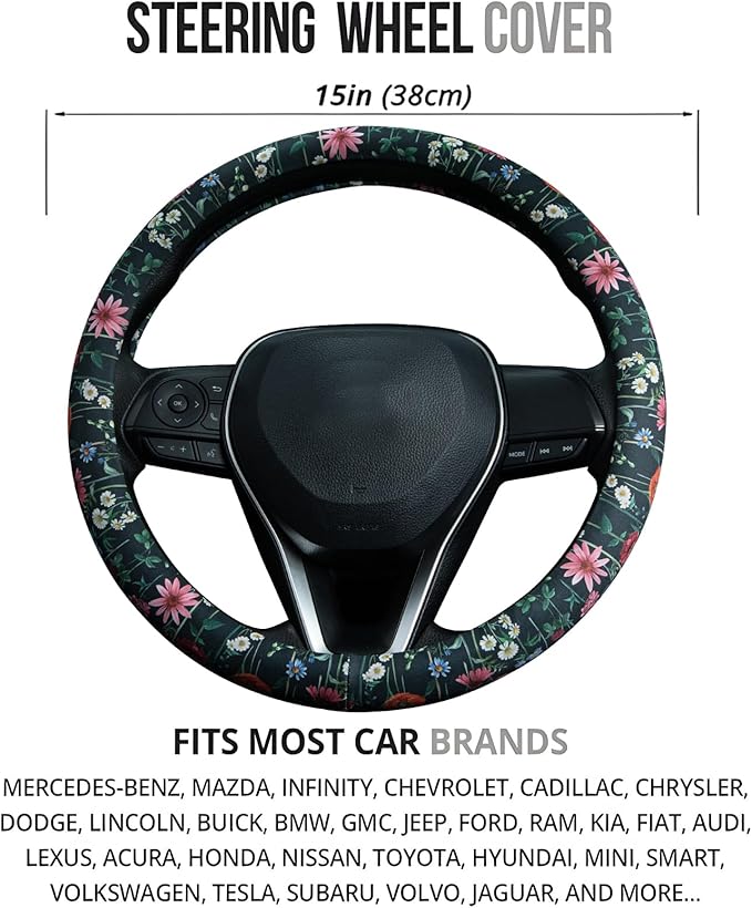 Wild Flowers Steering Wheel Cover Auto Steering Wheel Protector, Anti-Slip, Breathable, Absorbing Sweat, Universal Floral Car Accessories 14.5–15 inch,Fit for Most Car, Trucks, SUV
