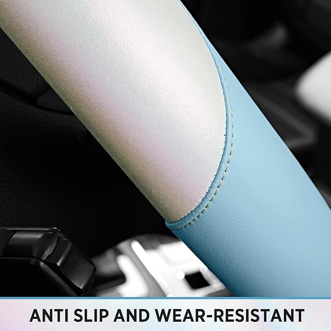 Road Comforts Steering Wheel Cover – Breathable Leather Steering Wheel Cover, Anti-Slip Grip, Universal Fit 14.5” to 15”, Heat & Cold Resistant for Cars, SUVs, and Trucks – Shining White & Blue