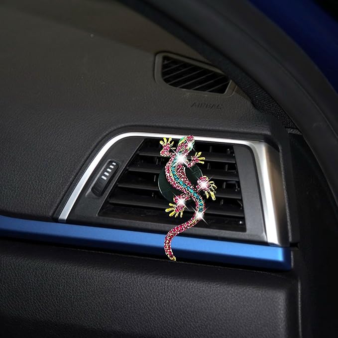 2 Pcs Bling Pink Gecko Car Air Freshener Accessories - Crystal Rhinestone Decor, Cute Car Vent Clip Diffuser