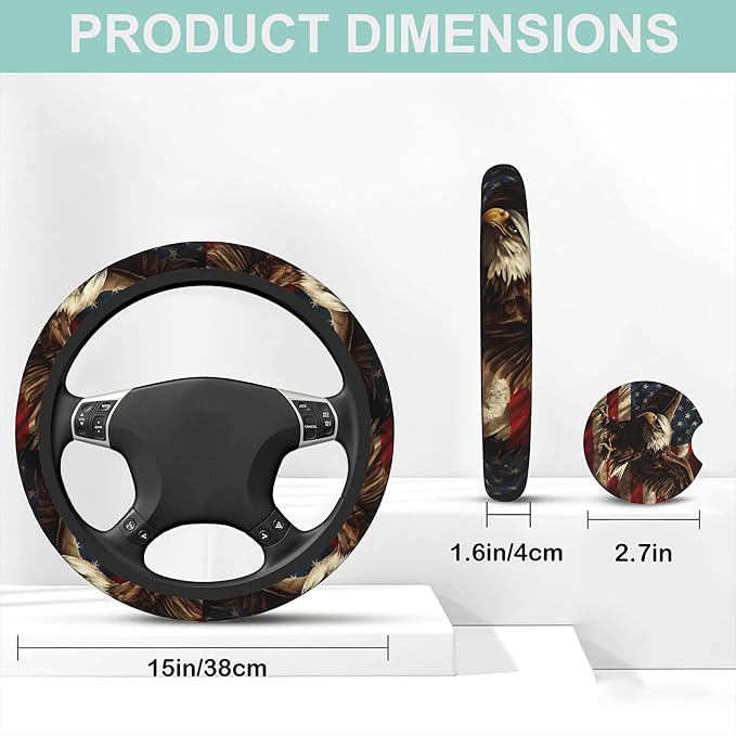 American Flag and Bald Eagle Steering Wheel Cover for Women Men,Anti-Slip Breathable Car Steering Wheel Cover Elastic Protection with 2 Pieces Car Coasters,Universal 15" Fit Auto,Suvs,Truck