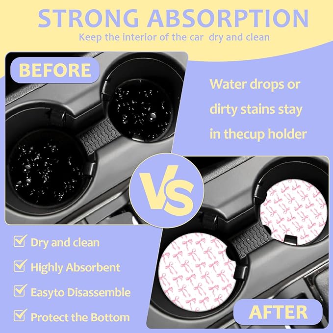 2 Pack Car Cup Holder Coaster-Pink Bow Absorbent Ceramic Coaster, Car Coasters for Cup Holders,Auto Accessories for Women & Men
