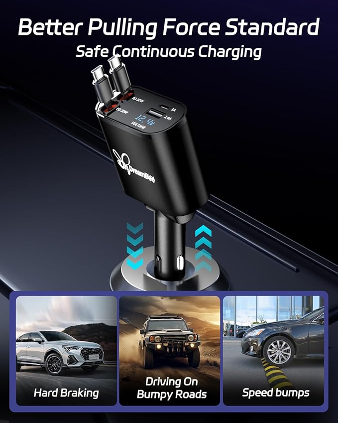 DreamBee Retractable Car Charger,66W Super Fast USB Car Phone Charger,Dual TypeC Retractable Cables Gifts for Men Women Car Truck Accessories for Samsung Galaxy S23+/S23,iPhone 17/16/15/ Pro Max, iPad