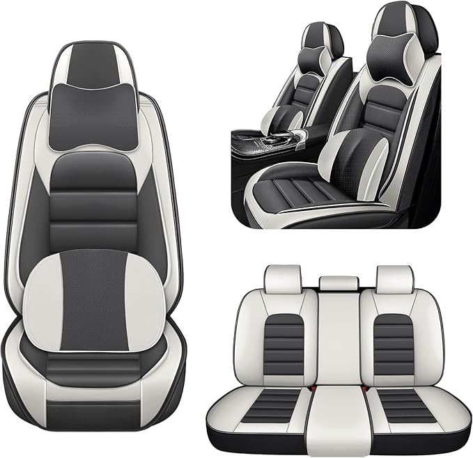 5 Car Seat Covers for Toyota RAV4 2000-2026 Breathable Leather,Waterproof Car Seat Protectors with Comfort Headrest Pillows,Automotive Vehicle Cushion with Storage Pockets (Luxury,Gray)