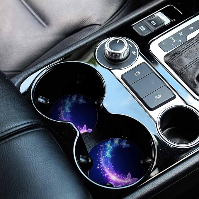 Purple Blue Butterfly Car Cup Holder Coaster 2 Pack Absorbent Ceramic Car Coasters for Cup Holders Car Accessories Interior for Women Men Universal Anti Slip Cork Base Cup Coasters with Finger Notch