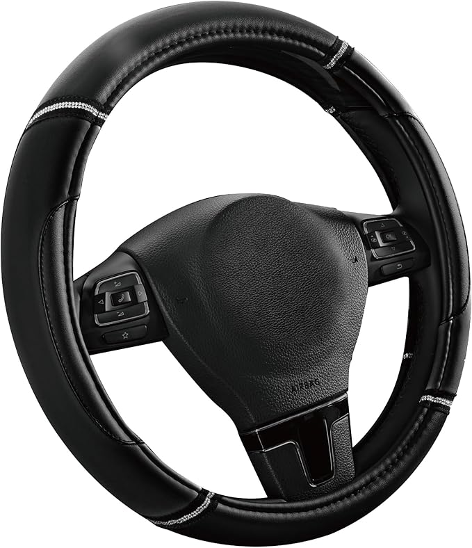 Road Comforts Leather Steering Wheel Cover - Made with PVC Leather - Anti-Slip, Universal Fit 14 1/2 inches to 15 inches - Black
