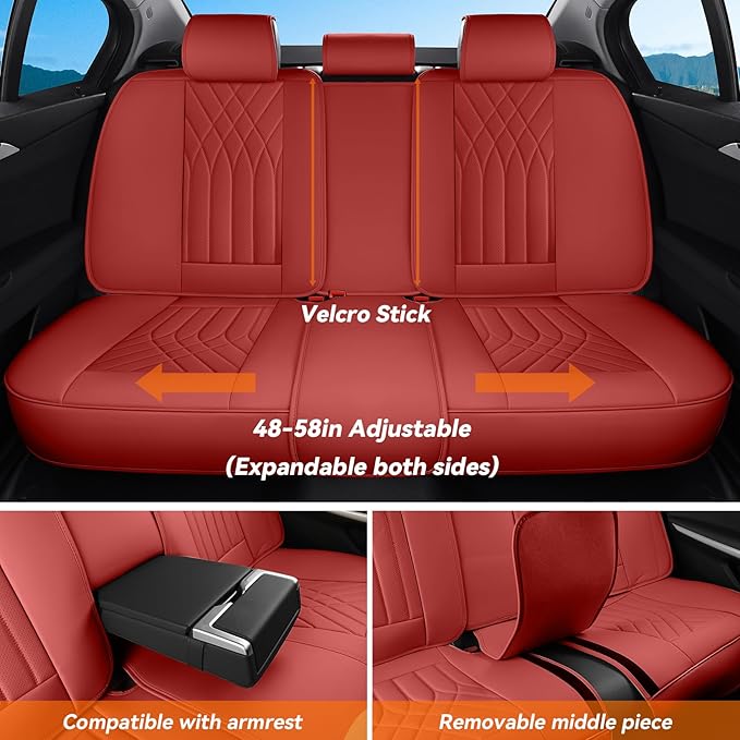 Red Car Seat Covers Full Set, Luxury Faux Leather Waterproof Red Car Seat Covers Front Seats and Back Car Seat Protector Anti-Slip Universal Fit for Most Cars SUVs Trucks Pickups