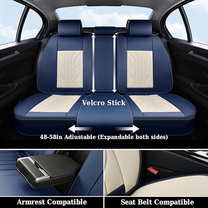Coverado Car Seat Covers Full Set, Leather Seat Covers for Cars, Waterproof Automotive Seat Covers Car Seat Protectors Car Accessories Universal Fit for Most Sedans SUV Pick-up Truck(Blue&Beige)