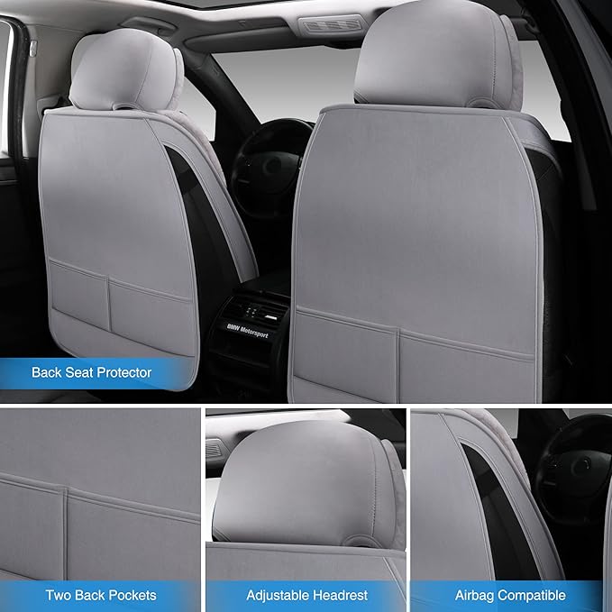 AOOG Fuzzy Leather Car Seat Covers, Heated Front Bench Back Cushion Protector for Cars SUV Trucks (Front seat, Grey)