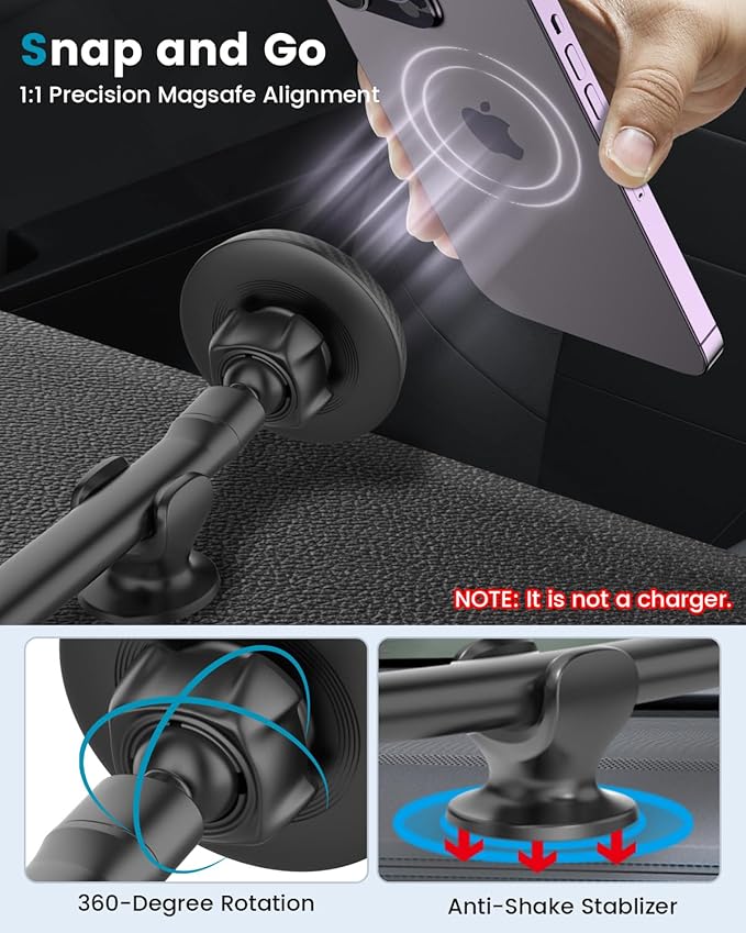 APPS2Car for Magsafe Car Mount Magnetic Phone Holder Upgraded 13-Inch Long Arm Suction Cup Windshield Mount fits iPhone 16 Pro Max Plus 15 14 13 12 Mini