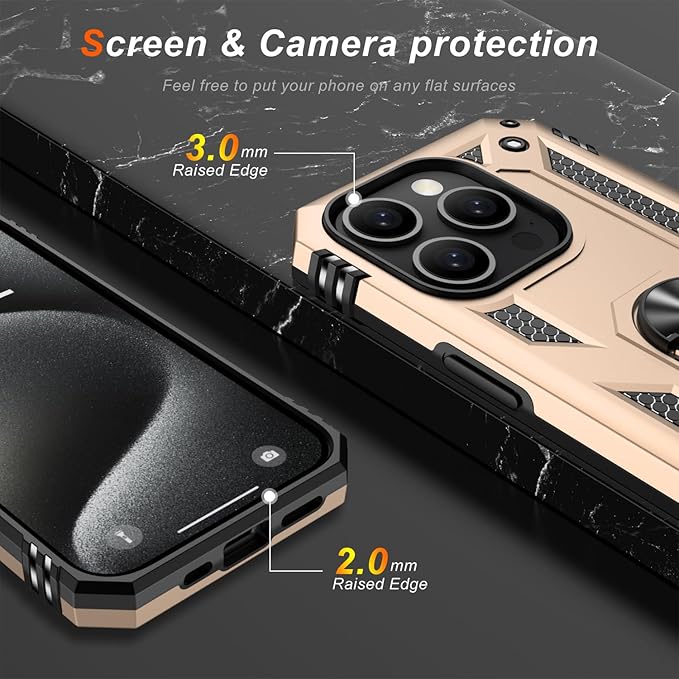 IKAZZ for iPhone 14 Pro Max Case 6.7 Inch with Screen Protector,Military Grade Shockproof Heavy Duty Protective Phone Cover Pass 16ft Drop Test with Magnetic Kickstand Car Mount Holder,Gold