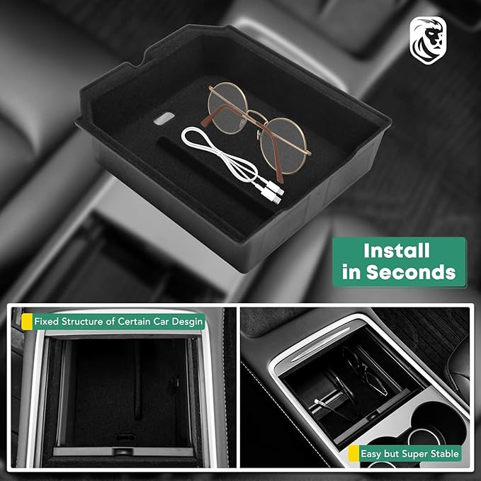 YHTAUTO Center Console Upper Tray Fit 2024 2025 Tesla Model 3 Highland, Center Control Console Storage Box with Sunglass Holder Non-Slip - Flocking Inside Interior Accessories 1PC