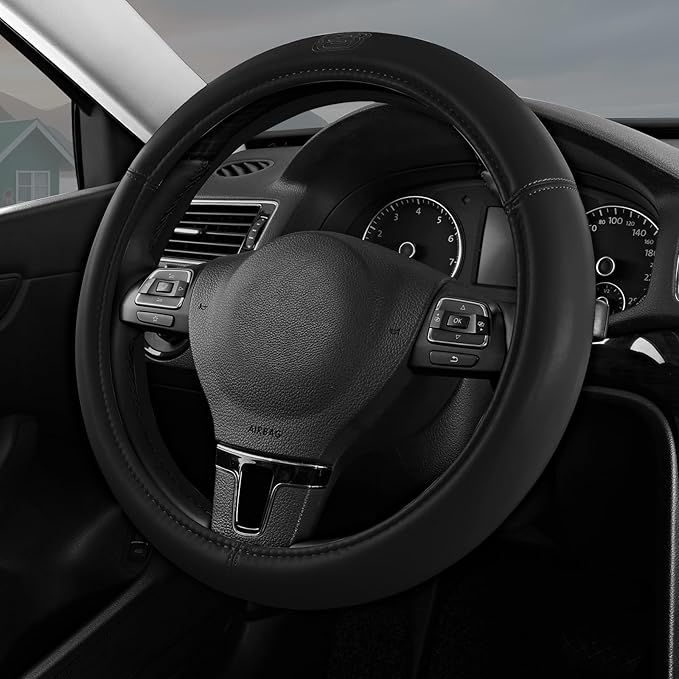 Skechers Memory Foam Steering Wheel Cover,Grade Protein Leather Steering Wheel Cover,Universal Anti-Slip Fit 14" 1/2-15" Car Wheel Cover for Men Women Fit Suvs,Vans,Sedans,Car,Trucks,Black