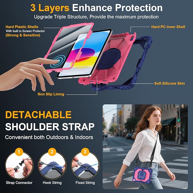Case for iPad A16 11th/10th Generation 11 inch/10.9 inch 2025/2022, Ubearkk for iPad a16 case with Screen Protector, 360 Degree Rotating Stand Shoulder Strap Pencil Holder, Navy Pink
