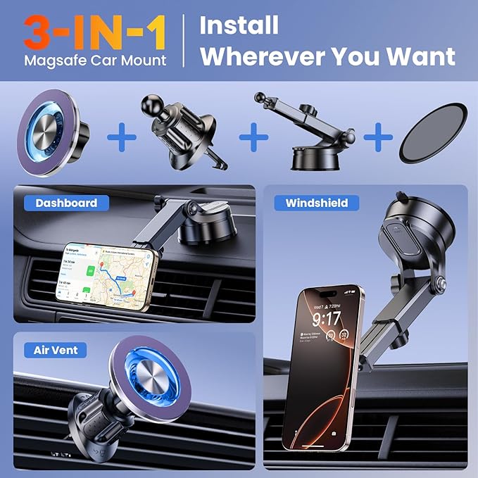 for MagSafe Magnetic Phone Holder for Car [2025 Upgraded Strongest Magnet] Car Mount Cell Stand for Dashboard Windshield Vent Compatible with iPhone 17/16/15/14/13/12 Android etc-Purple