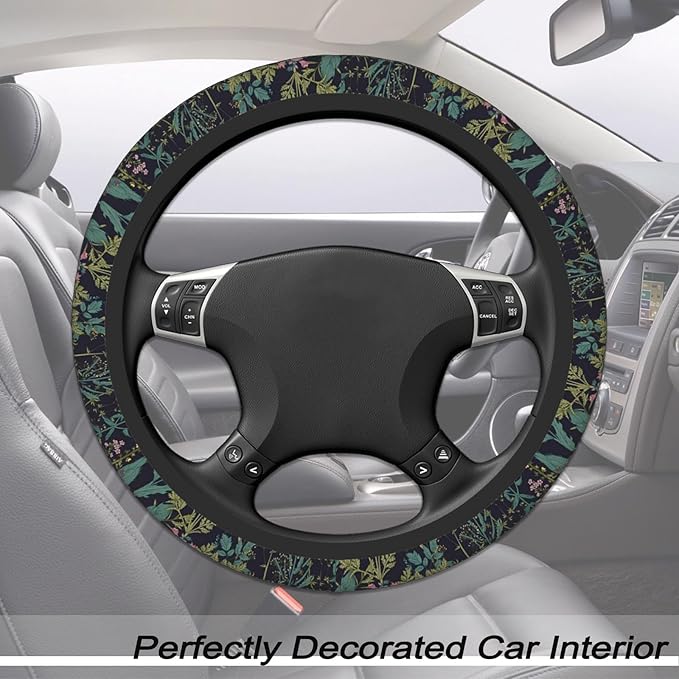 Vintage Daisy Leaves Flowers Steering Wheel Cover for Women, Anti-Slip Elastic Breathable Soft Rubber Car Steering Wheel Protective Cover, Universal 15 Inch Fit for Cars, Auto, SUVs