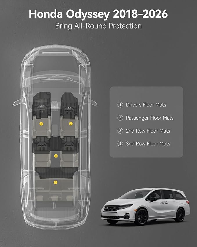 3W Floor Mats Fit for Honda Odyssey 2018-2026,TPE All Weather Custom Fit Floor Liner 1st, 2nd 3rd Row Car Mats,Black