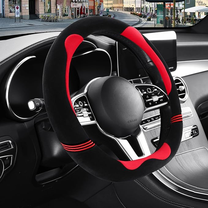 14 inch Furry Cute D Shaped Steering Wheel Cover, Soft Fluffy Short Plush Auto Accessories, Non-Slip Cold-Proof Sweat-Proof Colorfast(Black with Red)